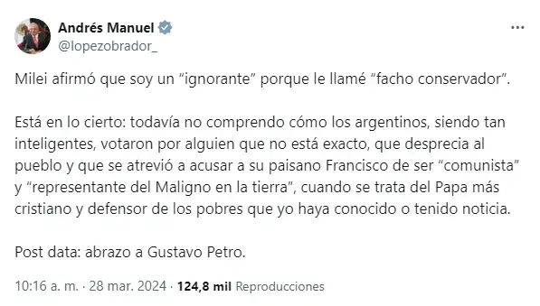 Incomprensible, que el pueblo argentino “tan inteligente” haya votado por Milei: AMLO
